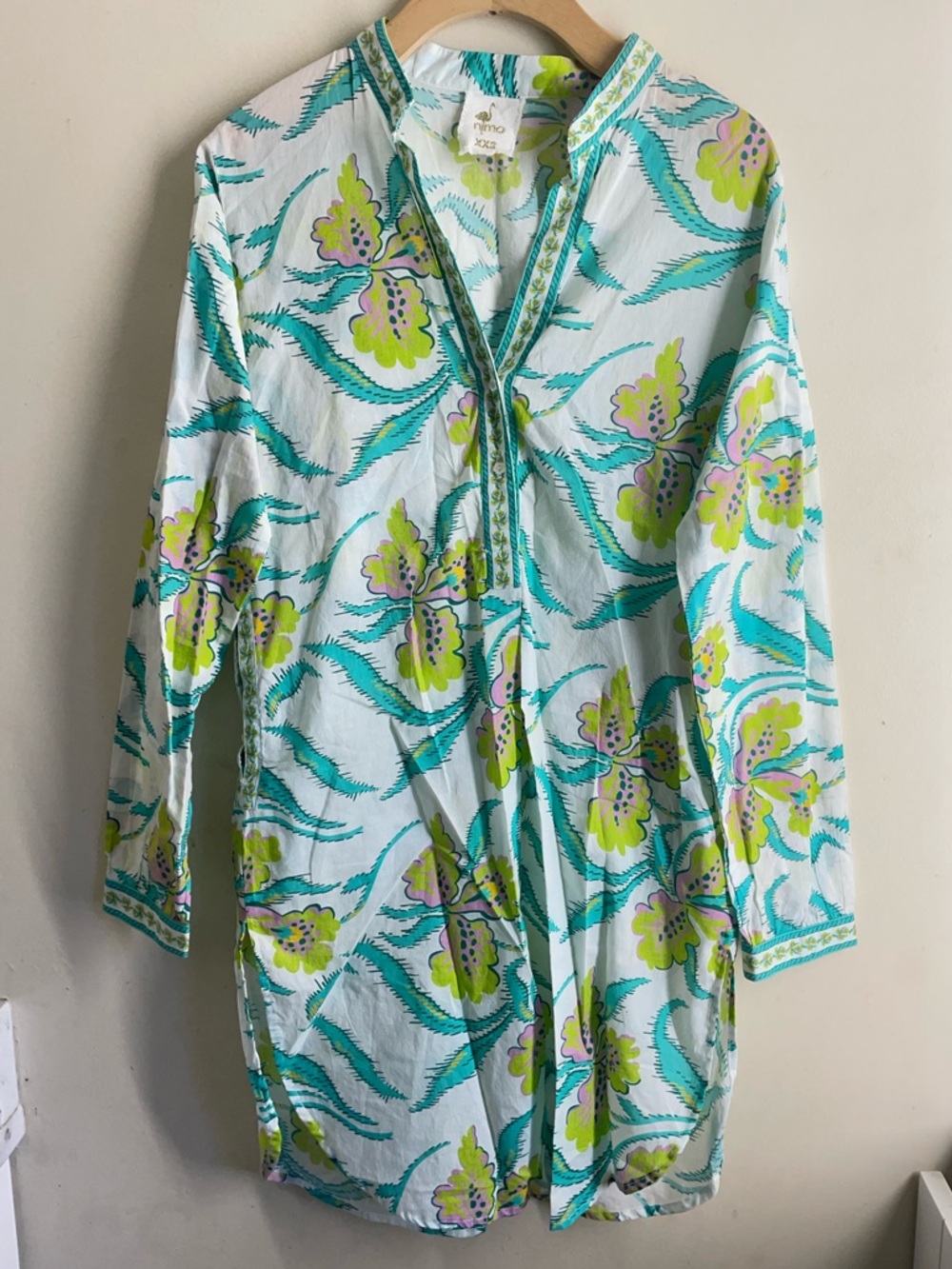Nimo with Love Floral Print Cotton Tunic Top / Dress XXS White Blue Green